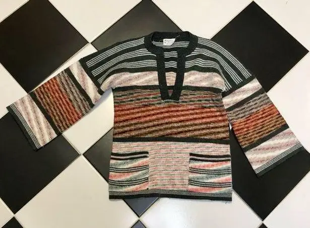 Vintage 70s 80s Kimlon by RBK Acrylic V Neck Sweater Colorful Stripee Abstract S Orange