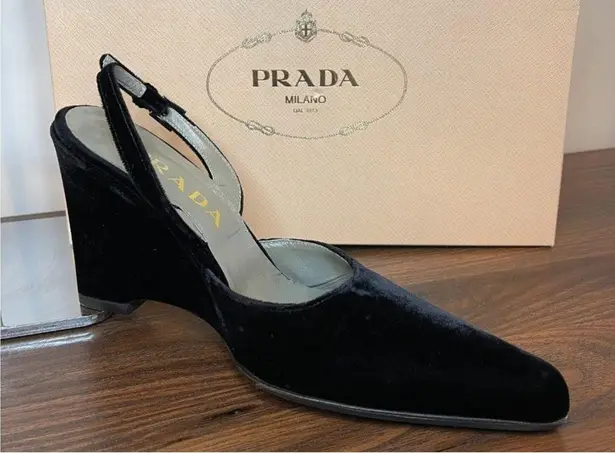 Prada Black velvet Slingback wedge Heels