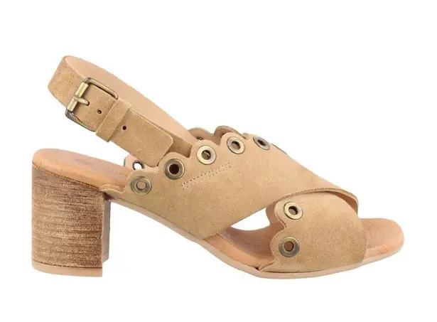 Eric Michael • Emma mid-heel comfort sandal sand suede grommet scallop block