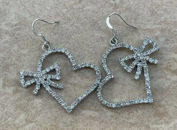 Boutique Silver Tone Rhinestone Open Heart Dangle Earrings with Bows