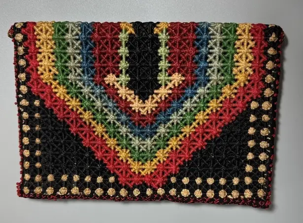 Handmade Embroidered Rainbow House Clutch Purse Black Multi Color Zipper Pouch