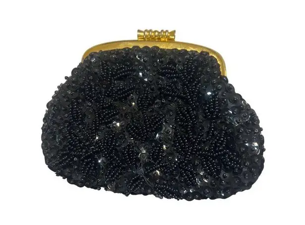 Vintage Black Beaded Evening Coin Purse Kisslock Hong Kong Sequin Clutch Wallet Gold