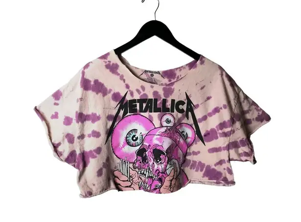 Oversized Metallica T Shirt Crop Top Metal Rock Band Skull Eyes Tie Dye Graphic Size L