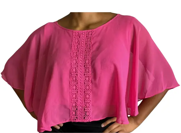 Love by Design Pink Sheer Cape Top Crochet Trim Flowy Blouse Cover Up Cropped XL