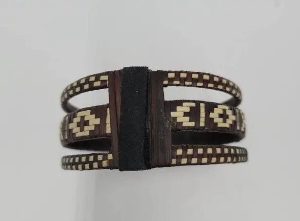 Handmade Woven Rattan Bracelet Brown and White Geometric Pattern Medium Cuff