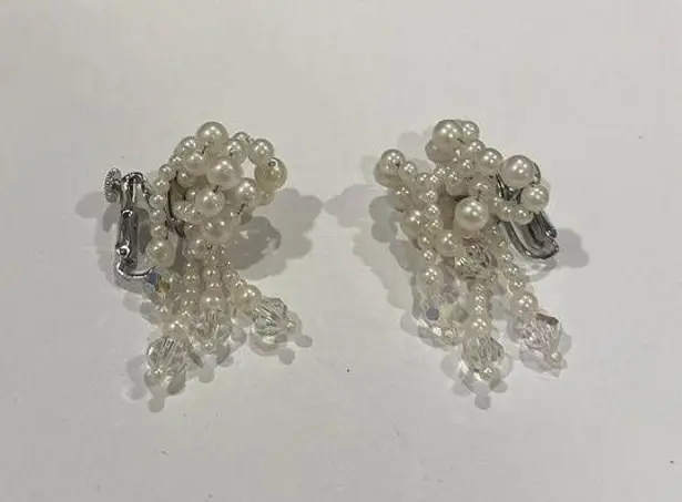 Gorgeous Signed Richelieu Beaded Clip On Crystal / Faux Pearl Earrings