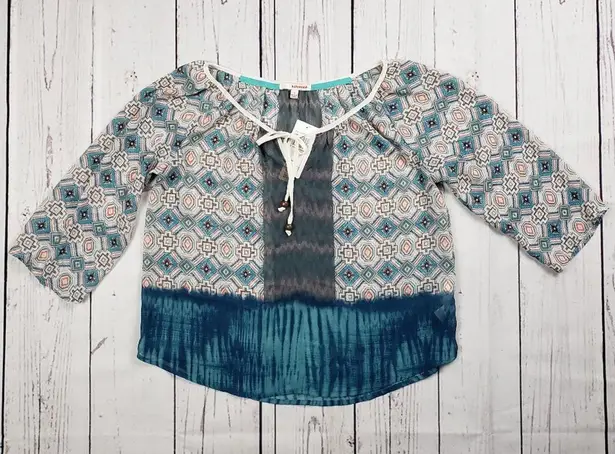 Hollywould NWT Sheer Printed Tie Bust 3/4 Sleeve Peasant Top Women's Size Small