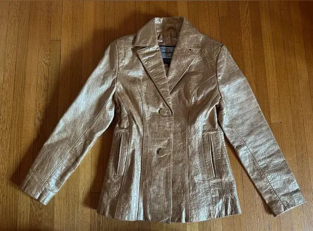 Vtg 90s Pelle Studio Metallic Gold Crocodile Blazer