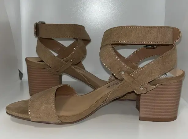 Penny Loves Kenny Strappy Wrap Ankle Open Toe Heels Tan Microfiber Women’s 8