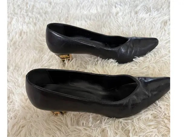 Nina Vintage Black Leather Pumps Kitten Heels Gold Ornate Elephant Size 10
