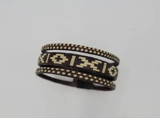 Handmade Woven Rattan Bracelet Brown and White Geometric Pattern Medium Cuff