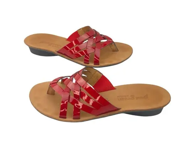 Paul Green * Sandals Womens 5.5 Red Patent Leather Strappy Flip Flop Quiet Luxury