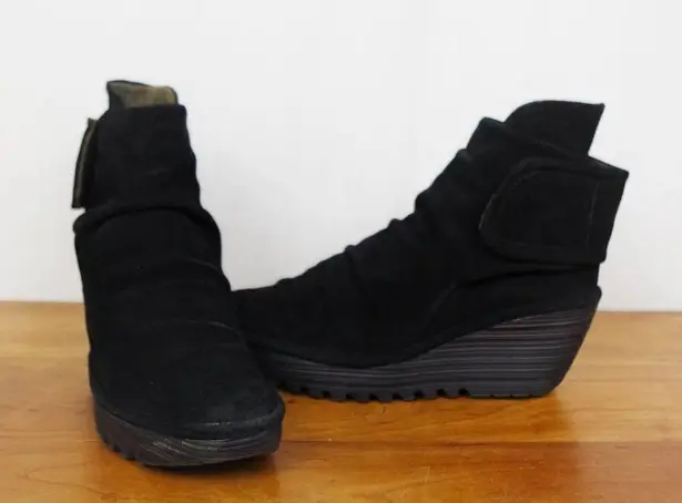 Fly London Black Suede Wedge Ankle Boots Size EU 39