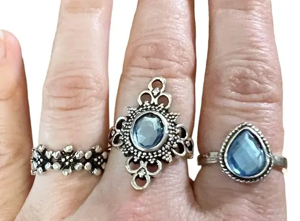 Lot of 3 Silver Tone Blue Teardrop, Floral & Oval Cabochon Size 6.25 Rings