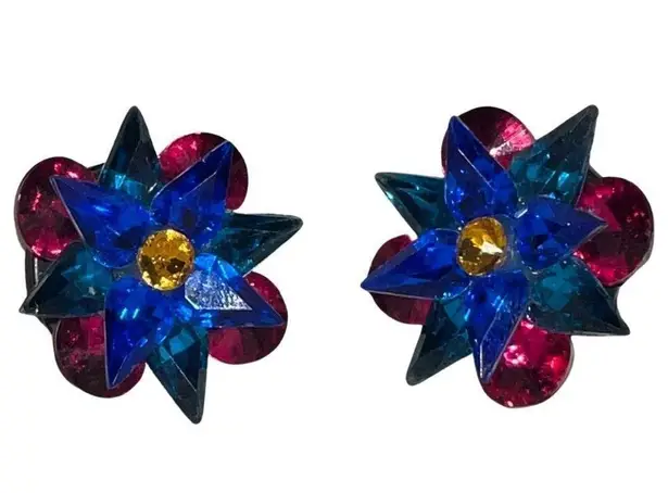 Vintage 1940s Colorful Starburst Clip On Ballroom Earrings Blue