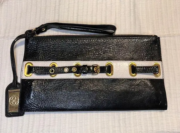Carlisle Black & White Patent Leather Clutch w/Gold Hardware and Buckle Detail Black