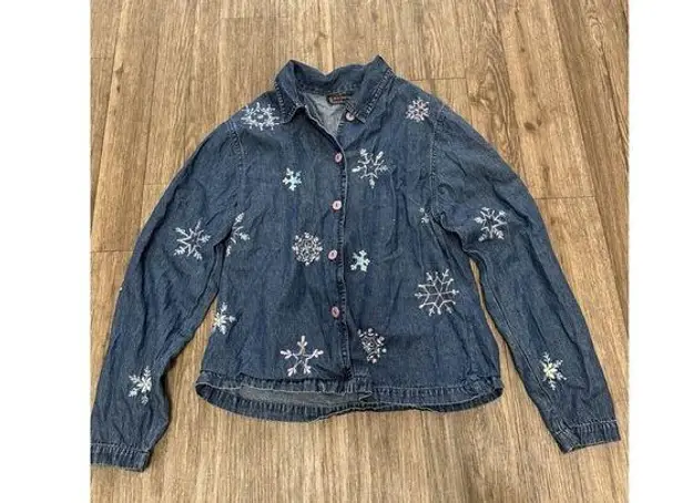 Vtg 90s New Direction Jean Denim Pastel Embroidered Snowflake Jacket Womens Sz L Blue