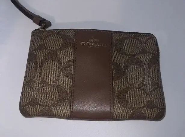 Coach  Wristlet Wallet F58035 Signature Khaki Brown Leather Corner Zip Top Purse