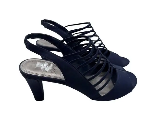 Impo Size 6.5 Strappy Navy Blue Peep-Toe Heels With Slingback Stiletto Heel