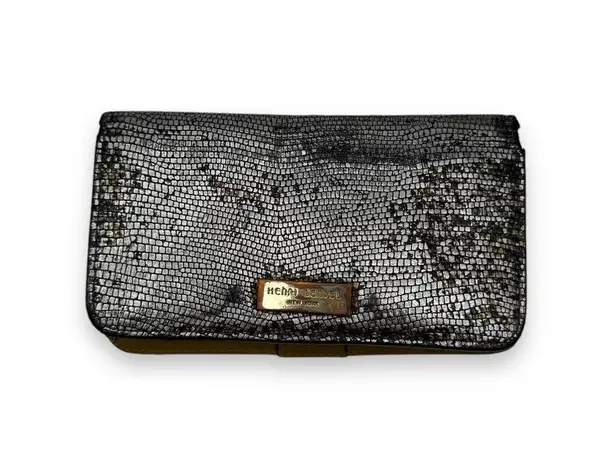 Henri Bendel Metallic Silver Pebbled Black Saffiano Leather Phone & Card Wallet