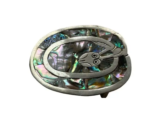 Vintage Alabone Shell Silver Large Belt Buckle Owl Bird Inlaid 1940s Mexico