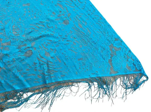 Ethereal Boho Witch Hippie Romantic Blue Sheer Floral Fringe Bandana Lace Shawl