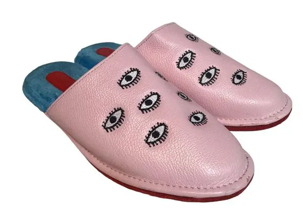 Min & Mon New York Leather Pink Eye Embroidered Slippers Blue Plush Lining 8