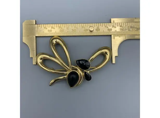 Trifari Vintage Statement Brooch Pin Signed Gold Tone Loop Bow Black Cabochon