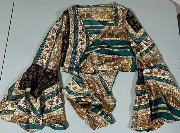 Green Brown Floral Paisley Print Satin Wrap