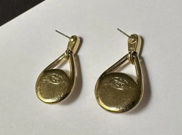Trifari Signed Gold Tone & White Dangle Drop Pierced Earrings