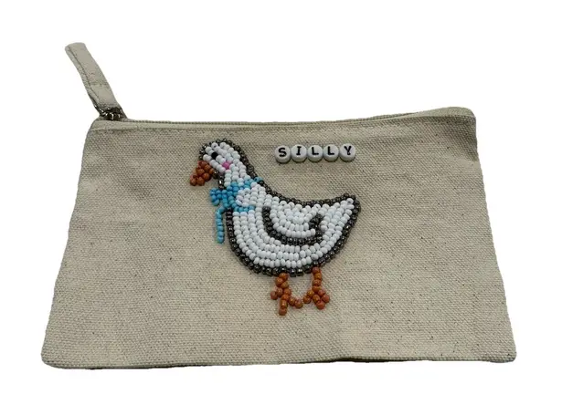 Silly Goose Hand Beaded Canvas Cosmetic Makeup Bag Pouch 4"x7" Tan