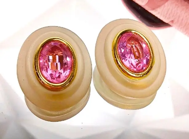 Givenchy Couture Rare Vintage Frosted Lucite & Pink Sapphire stones Clip-On Earrings