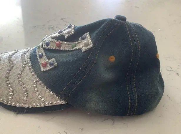Las Vegas vibe denim cap with rhinestones and pearl detailing streetwear hat