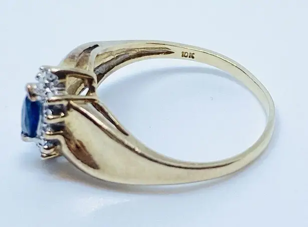 10KT Lab Created Sapphire Natural Diamond 10k Gold Ring Sz 4.75