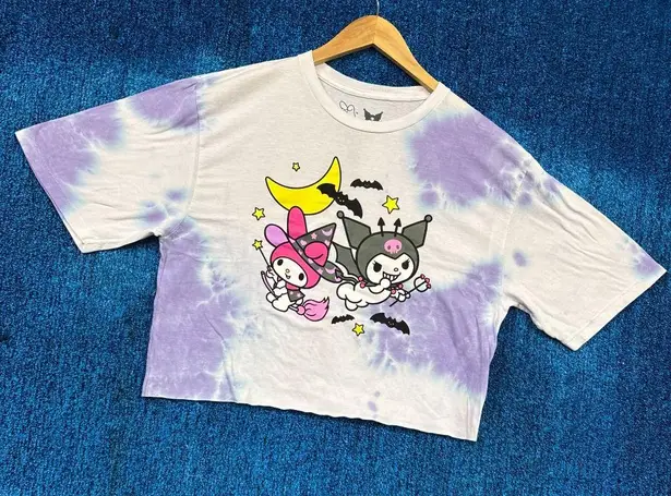 Sanrio My Melody and Kuromi Graphic White/Purple Tie Dye Crop Top Shirt Size M
