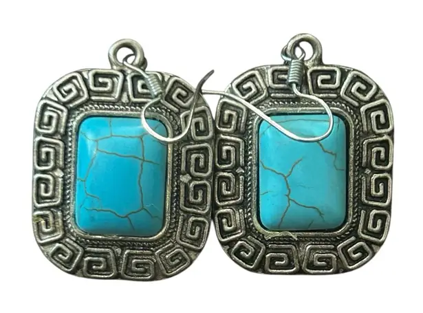Turquoise Stone Silver Tone Southwestern Style Dangle Earrings Jewelry Blue