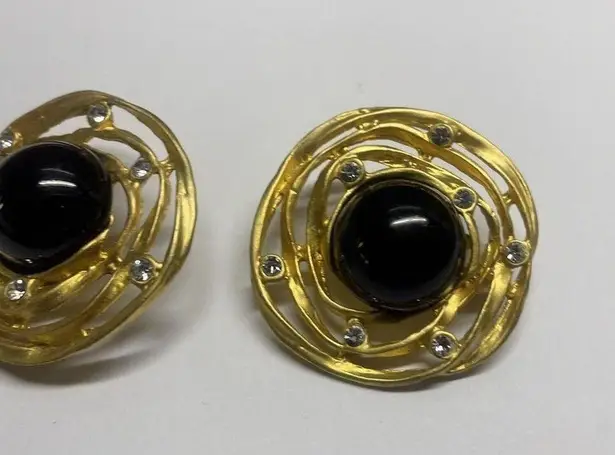 Pretty Gold Tone Black / Rhinestone Large Oversized Statement Clip On Earrings
