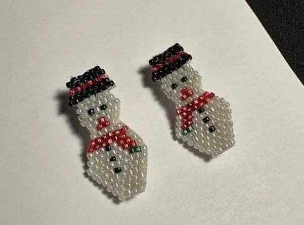 Hand Crafted Clip On Earrings Beaded Snowman Christmas Holiday Hand Made White