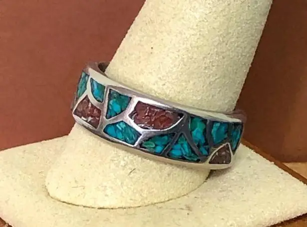 Sterling Silver Southwest Native Crushed Turquoise Coral Mosaic Ring Sz 12-1/2