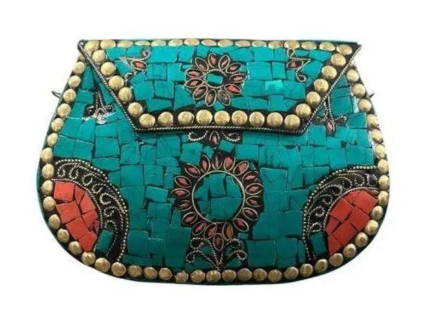 Ramla Handmade Moroccan Turquoise Tile Mosaic Clutch Crossbody with Gold Chain Blue