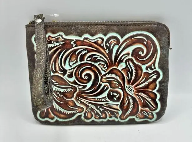 Patricia Nash Cassini Wristet Make Up Bag NEW Embossed Turquoise Leather