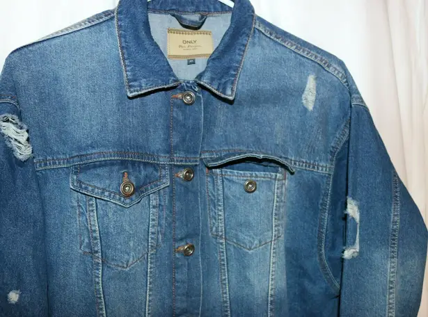 Only Blue Denim 100% Cotton Longline Jacket Womens Size EUR36 Medium Mid Distressed