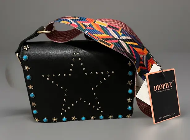NEW Diophy Women's Vegan Leather Black Handbag w/ Aztec Guitar Strap