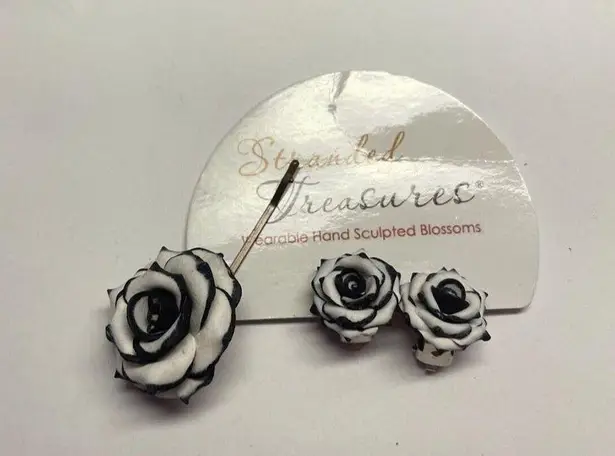Handmade Hand Crafted Hair Bobby Pin Flower & Clip On Earrings Set White / Black