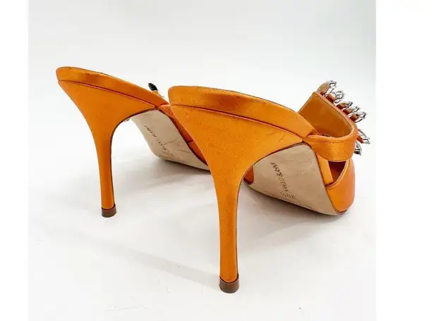 Manolo Blahnik Orange Satin Crystal Embellished 90 Mules 39.5