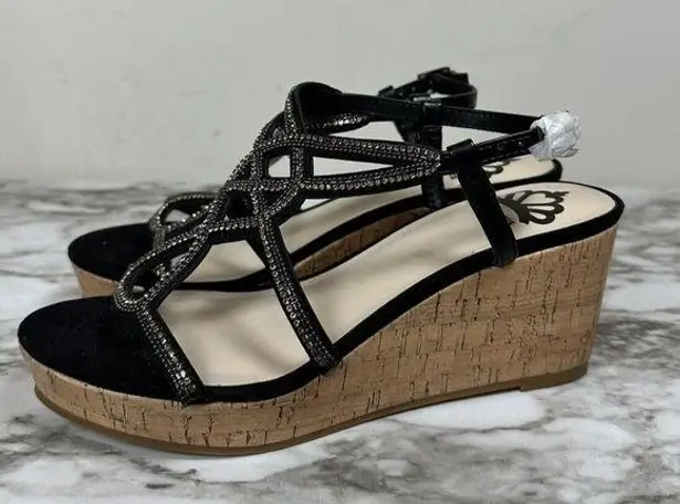 Fergalicious Mimic Women's Wedge Sandals Size 6.5 Black Rhinestone NEW