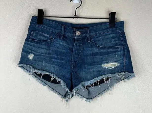 3x1  Women's Mid Rise Distressed Denim Shorts Raw Hem Blue Size 25