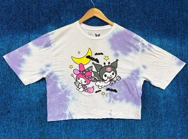 Sanrio My Melody and Kuromi Graphic White/Purple Tie Dye Crop Top Shirt Size M