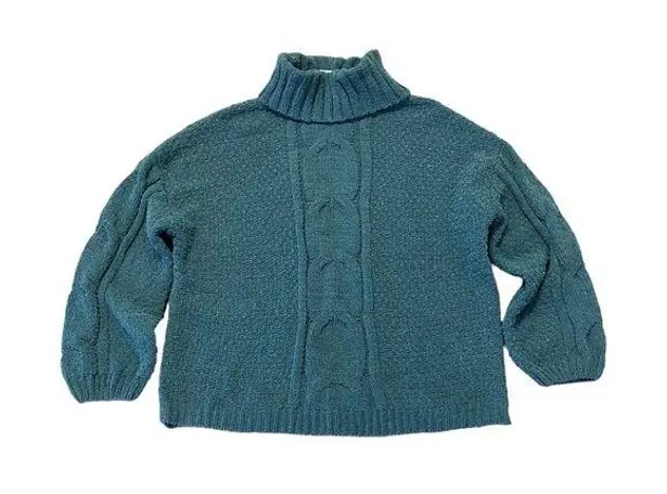 Seven7 Sweater Womens Size L Deep Teal Chenille Cable Knit Turtle Cowl Neck