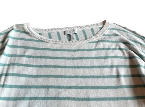 Escada Sport Teal White Stripe Sweater Stretch Cropped Sleeves Cotton Medium Blue